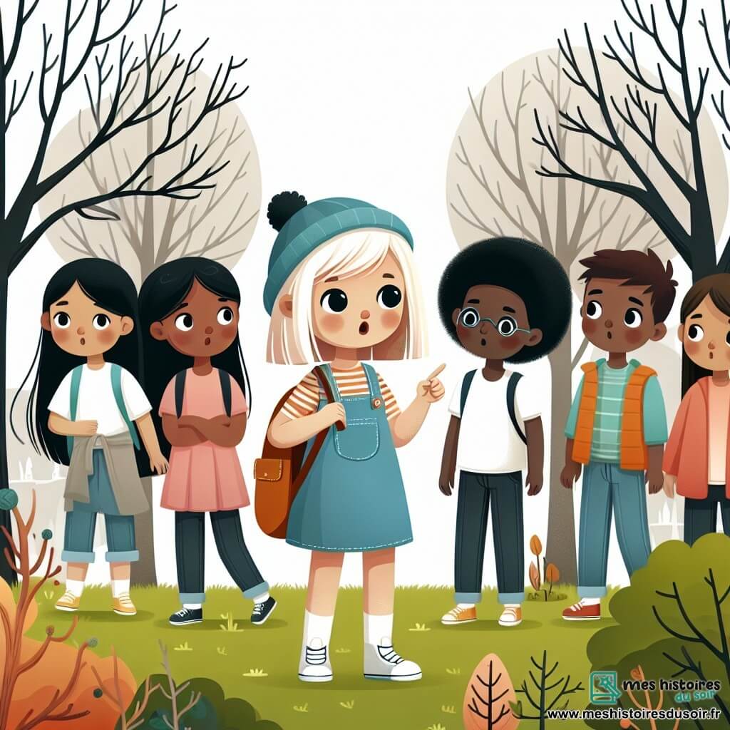 Une illustration destinée aux enfants représentant une fille curieuse découvrant le changement climatique dans un parc aux arbres délavés, accompagnée de ses amis formant un petit groupe engagé pour protéger l'environnement.