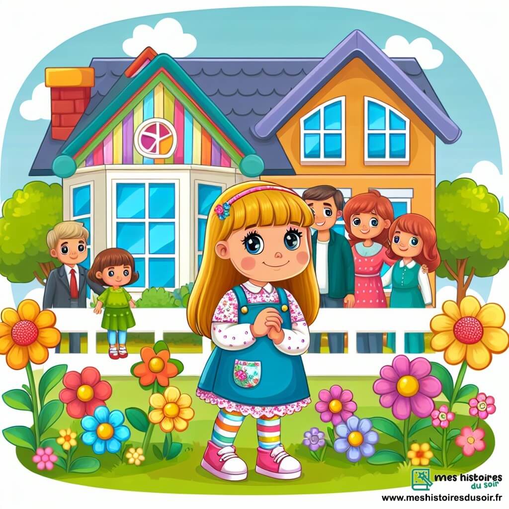 Une illustration destinée aux enfants représentant une petite fille curieuse vivant à côté d'une famille chaleureuse et unie, dans une maison colorée avec un joli jardin fleuri.