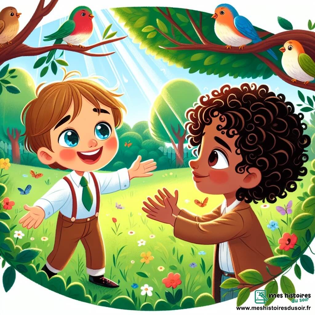 Une illustration destinée aux enfants représentant un petit garçon au sourire radieux faisant la rencontre d'une nouvelle amie aux cheveux bouclés et aux yeux pétillants, dans un parc ensoleillé rempli d'arbres verdoyants et d'oiseaux chantants.