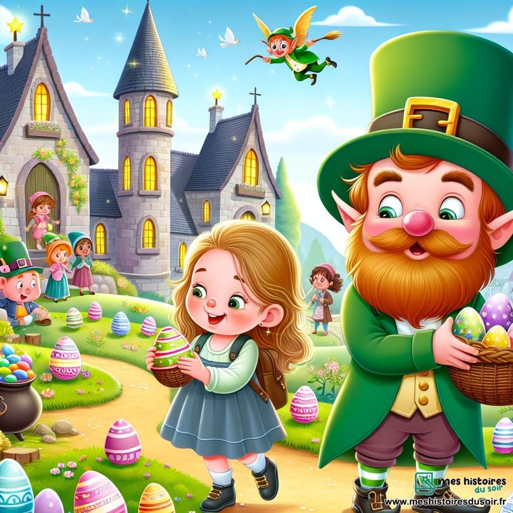 Une illustration destinée aux enfants représentant une petite fille pleine de curiosité participant à une chasse aux œufs magique en compagnie d'un lutin farceur gourmand dans le village enchanté de Coquillâge, lors de la fête de Pâques.
