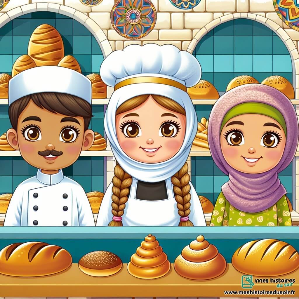 Une illustration destinée aux enfants représentant un boulanger joyeux, un garçon et une fille, dans une boulangerie colorée aux murs décorés de pains et de brioches dorées.