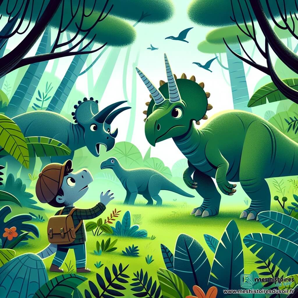 Une illustration destinée aux enfants représentant un vélociraptor curieux découvrant un tricératops perdu dans une forêt jurassique luxuriante et mystérieuse.