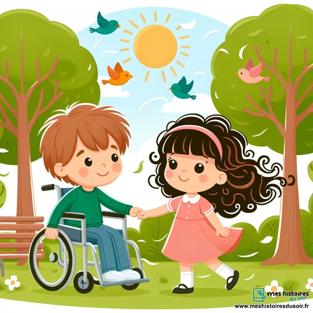 Une illustration destinée aux enfants représentant une fillette aux boucles brunes rencontrant un garçon en fauteuil roulant dans un parc ensoleillé, où les arbres dansent avec le vent et les oiseaux chantent joyeusement.