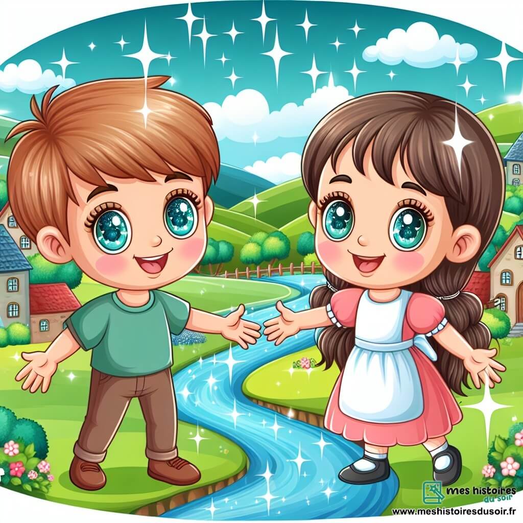 <u>Une illustration destinée aux enfants représentant :</u> un garçon aux yeux pétillants se liant d'amitié avec une fille aux longs cheveux bouclés, dans un village pittoresque entouré de rivières scintillantes et de collines verdoyantes.