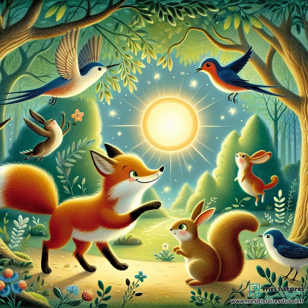 Une illustration destinée aux enfants représentant un renard malicieux se jouant de ses amis animaux, dans une clairière enchantée baignée par la lumière du soleil couchant, en compagnie d'un lapin, d'un écureuil et d'une hirondelle, tous trois émerveillés par la beauté de cet endroit magique.