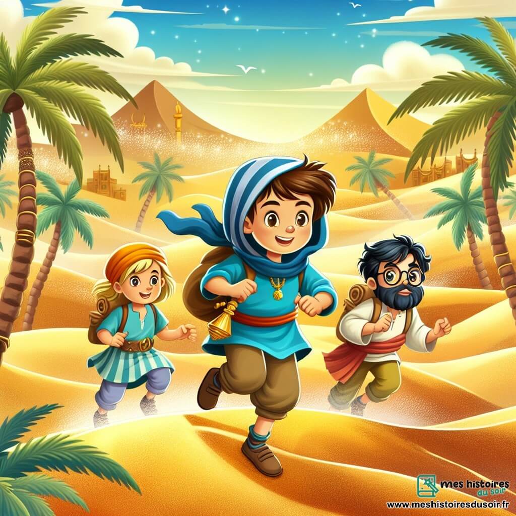 Une illustration destinée aux enfants représentant un jeune garçon courageux et curieux, accompagné de ses amis, une fille intrépide et un garçon ingénieux, traversant un désert mystérieux parsemé de dunes de sable doré et entouré de palmiers majestueux sous un ciel bleu azur.