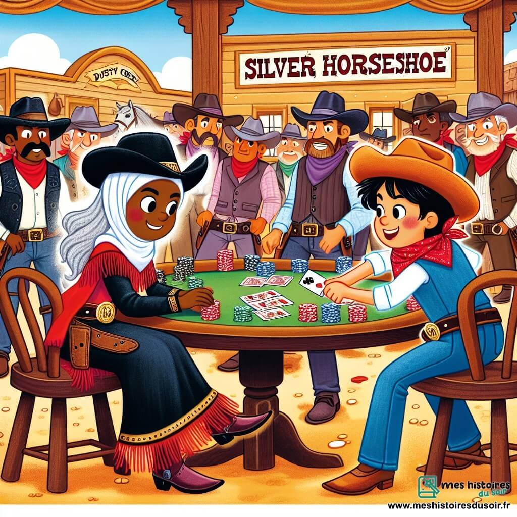 Une illustration destinée aux enfants représentant une courageuse cow-girl se mesurant à un redoutable hors-la-loi lors d'une partie de poker palpitante, dans le saloon mythique 