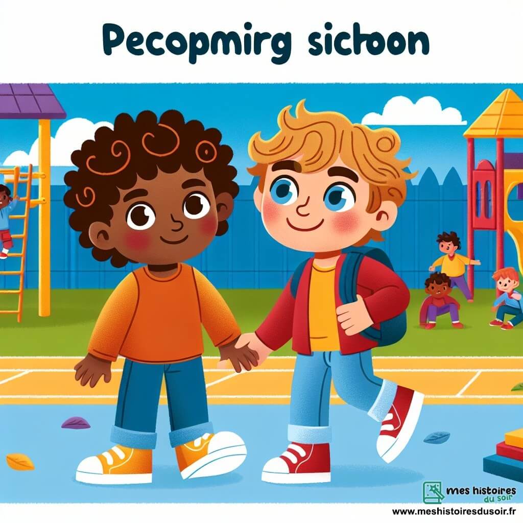 Une illustration destinée aux enfants représentant un garçon aux cheveux bouclés bruns confronté au racisme dans sa nouvelle école, où il se lie d'amitié avec un garçon aux cheveux blonds dans une cour de récréation colorée et animée.