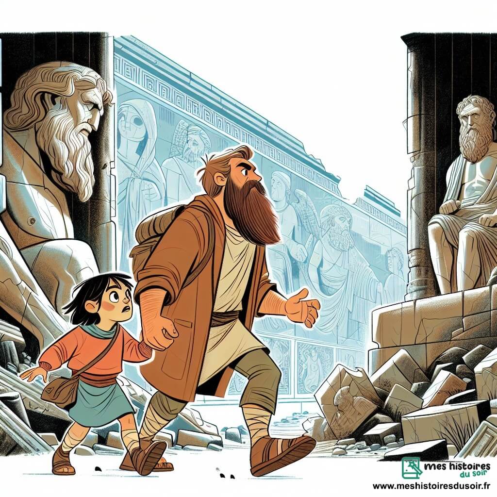 Une illustration destinée aux enfants représentant un homme barbu et curieux, accompagné d'une jeune fille pleine d'énergie, explorant une cité perdue aux ruines anciennes, jonchées de statues gigantesques et de fresques murales.