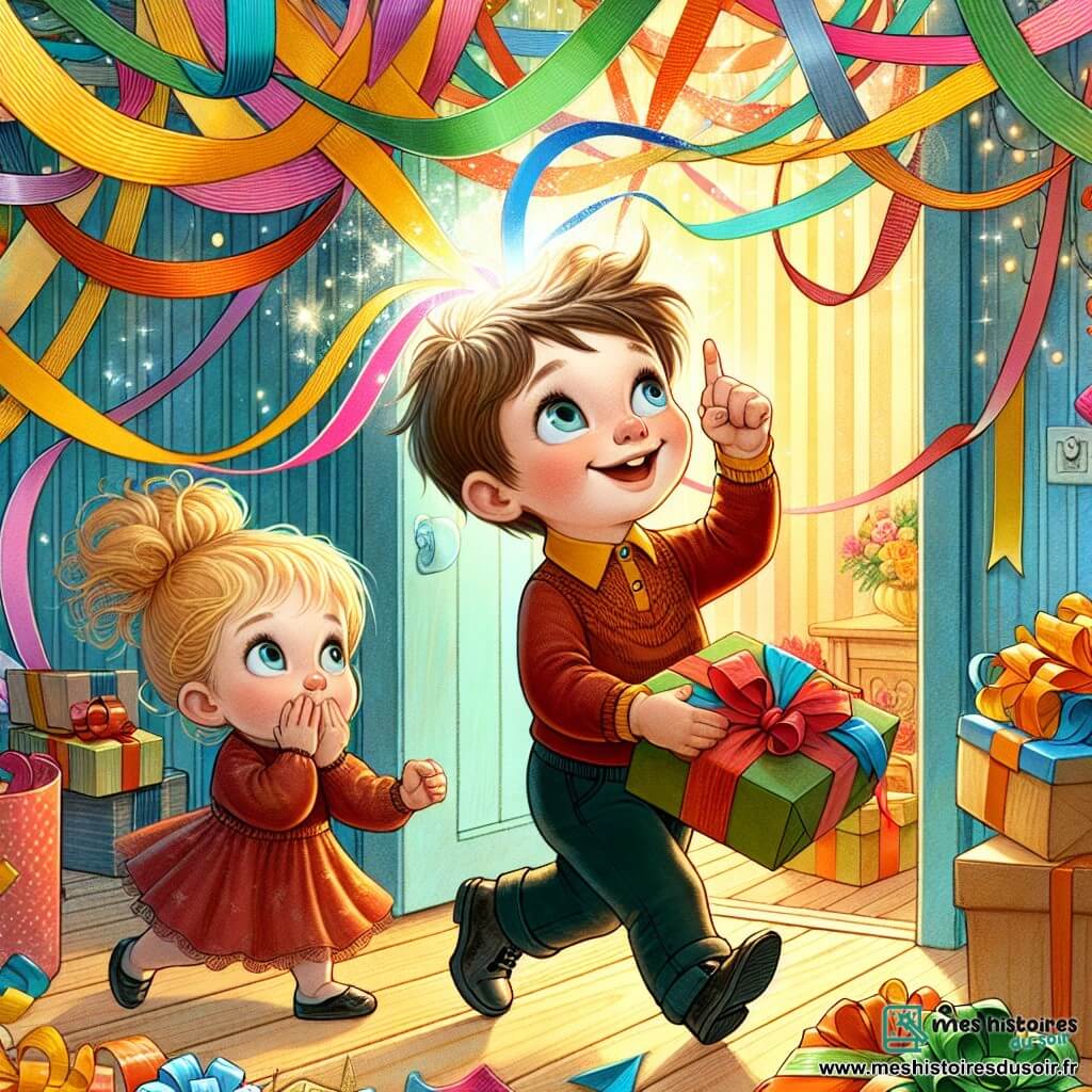 Une illustration destinée aux enfants représentant un garçon plein d'énergie et d'idées farfelues cherchant le cadeau parfait pour sa maman, accompagné de sa petite sœur curieuse, dans une chambre colorée remplie de pâtes multicolores et de papier cadeau.