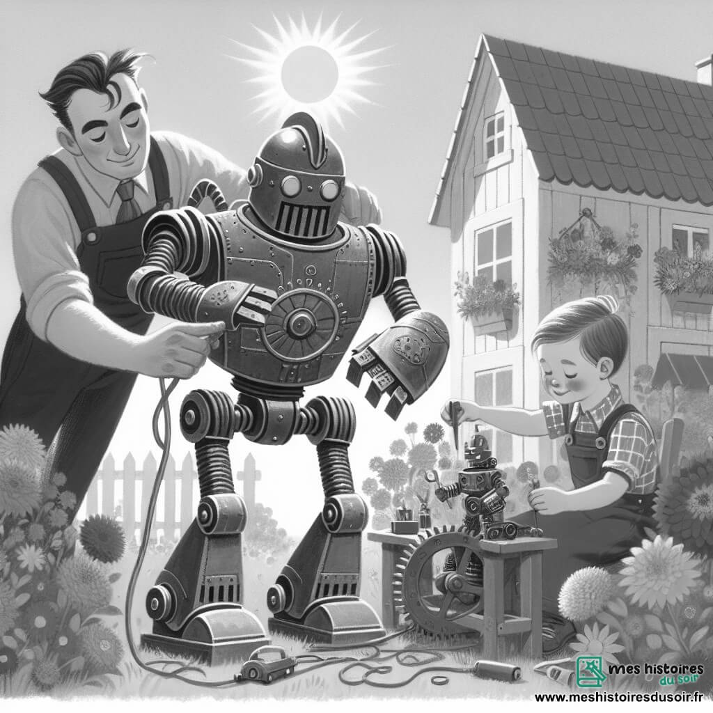 Une illustration destinée aux enfants représentant un petit garçon plein d'ingéniosité, construisant un robot géant pour son père, avec l'aide précieuse de sa maman, dans un jardin ensoleillé rempli de fleurs colorées et d'herbes fraîchement taillées.
