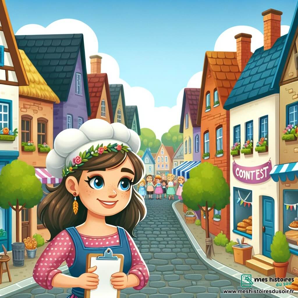 Une illustration destinée aux enfants représentant une jeune femme passionnée de cuisine participant à un concours important dans un village pittoresque aux ruelles pavées bordées de maisons colorées et de petits commerces animés.