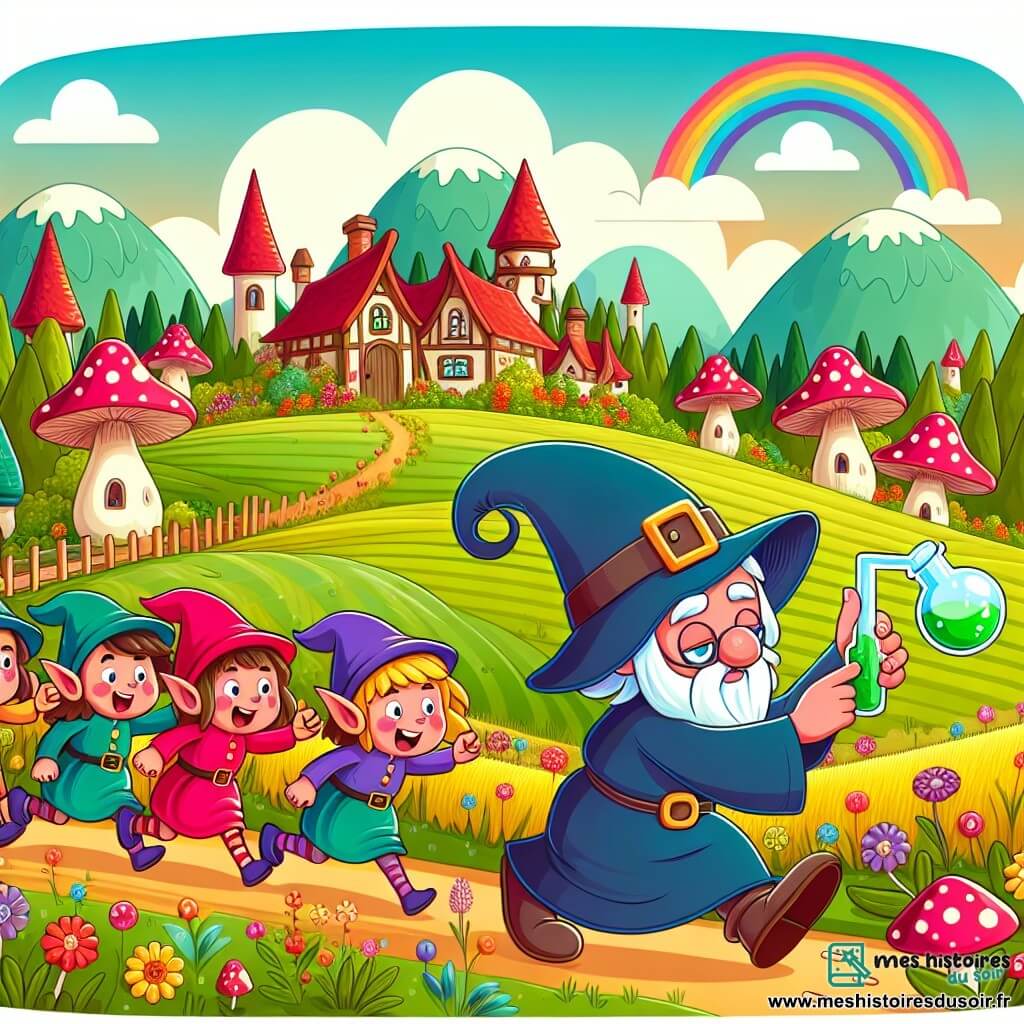 Une illustration destinée aux enfants représentant un sorcier distrait en train de poursuivre une potion dansante, accompagné de lutins joyeux, dans un village enchanté entouré de champs colorés et de maisons en forme de champignons.