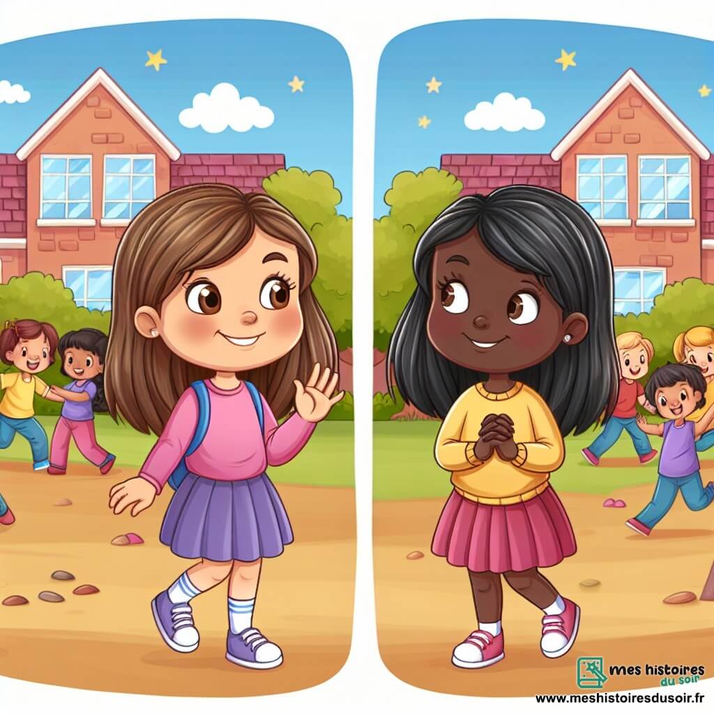 Une illustration destinée aux enfants représentant une fille courageuse confrontée à des préjugés, accompagnée d'une nouvelle élève timide aux cheveux noirs brillants, dans une cour d'école colorée et animée par le jeu des enfants.