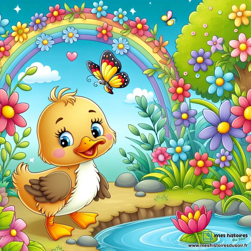Une illustration destinée aux enfants représentant un canard joyeux et curieux, se tenant près d'un étang entouré de fleurs multicolores, avec en arrière-plan un papillon virevoltant gracieusement dans un jardin enchanté.