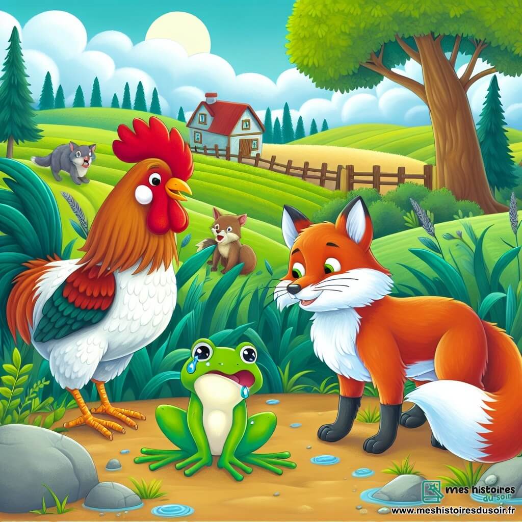 Une illustration destinée aux enfants représentant un coq courageux se trouvant face à un renard rusé, avec la présence d'une grenouille pleurant ses têtards, dans une ferme paisible entourée de champs verdoyants et d'arbres majestueux.