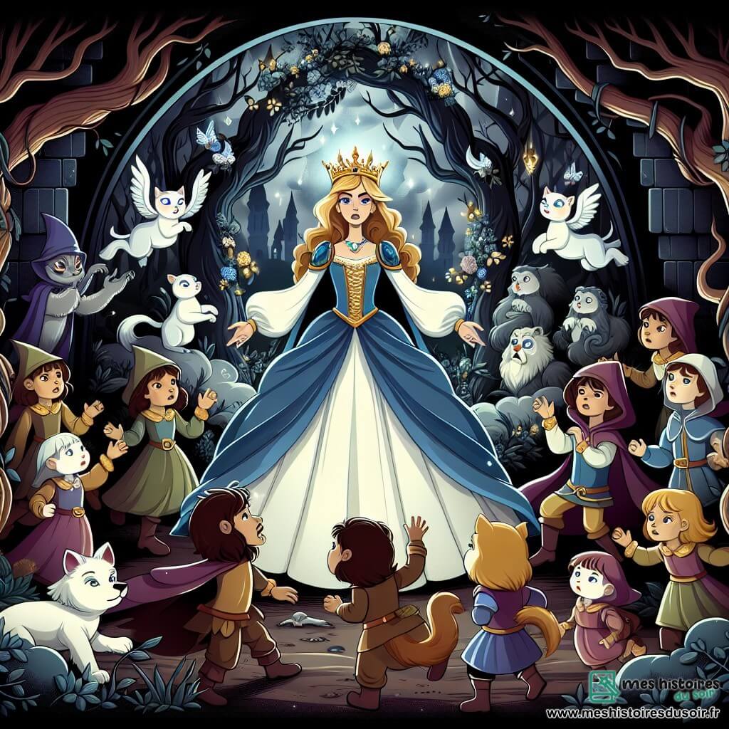 Une illustration destinée aux enfants représentant une princesse courageuse, entourée de créatures enchantées, dans un royaume caché au cœur d'une forêt magique, plongé dans une obscurité inquiétante.