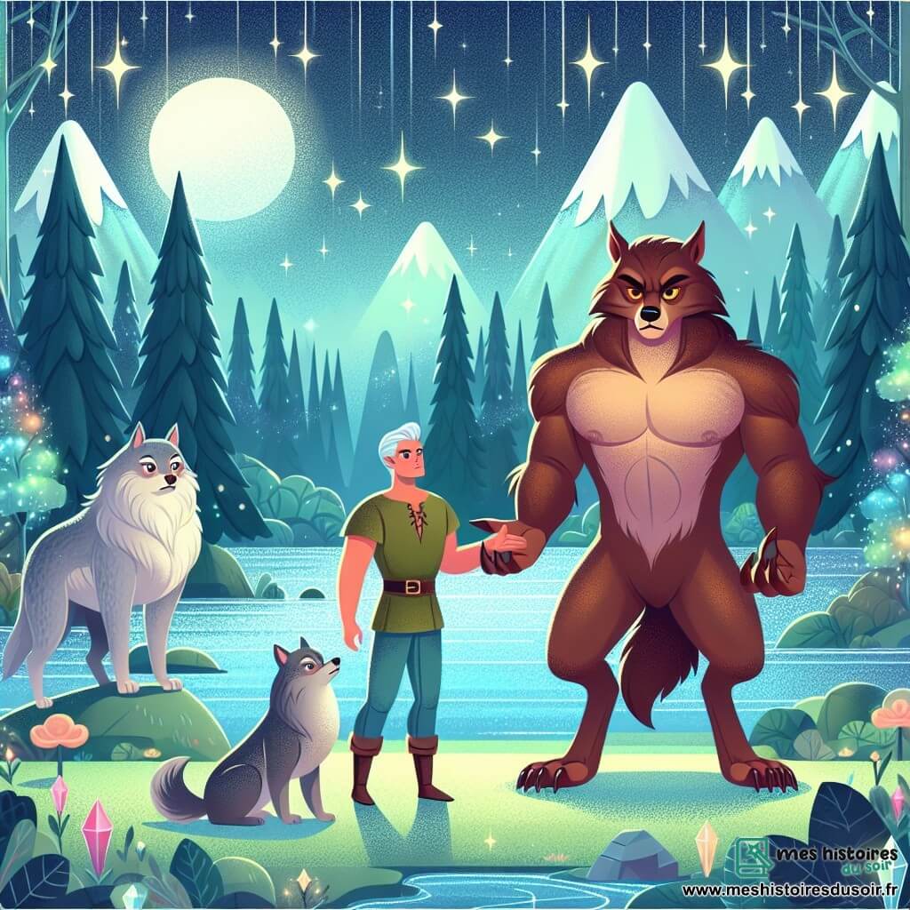 Une illustration destinée aux enfants représentant un loup-garou courageux affrontant un chef maléfique, accompagné d'un fidèle loup solitaire, dans un monde magique aux arbres chatoyants, aux montagnes scintillantes et aux rivières de cristal.