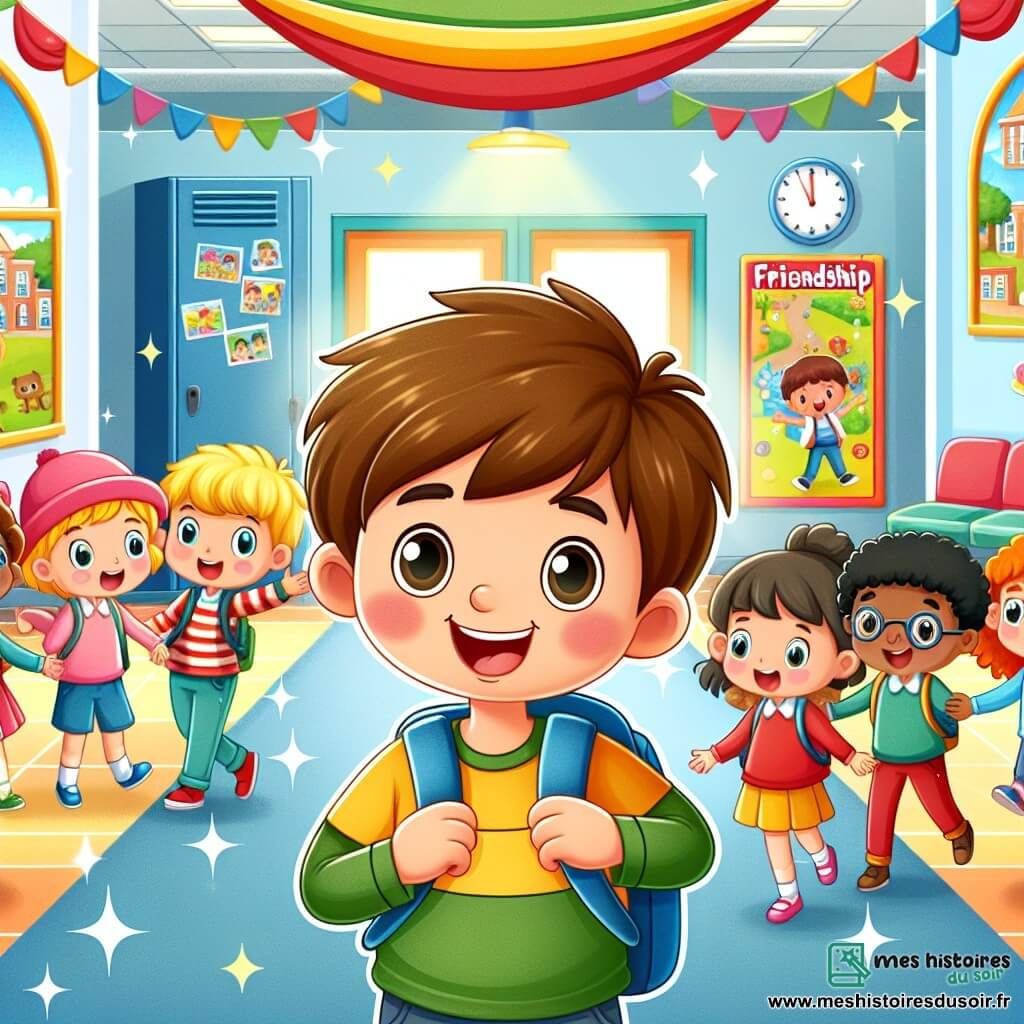 Une illustration destinée aux enfants représentant un garçon curieux, accompagné de ses amis, découvrant la magie de l'amitié dans une école colorée aux couloirs joyeux et à la cour de récréation animée.