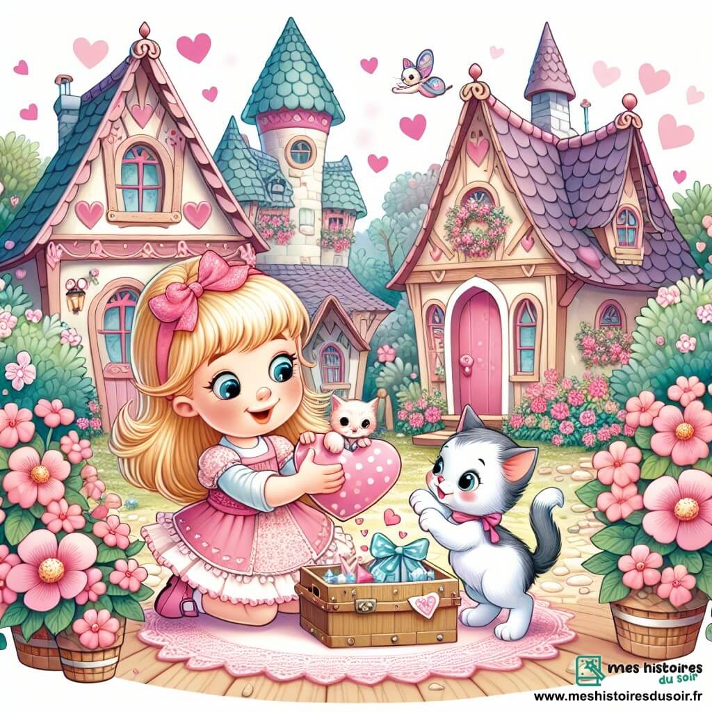 Une illustration destinée aux enfants représentant une petite fille espiègle préparant une surprise pour sa famille avec l'aide de son chaton, dans un village enchanté nommé Coeurville, rempli de maisons aux toits en forme de coeur et de fleurs roses.