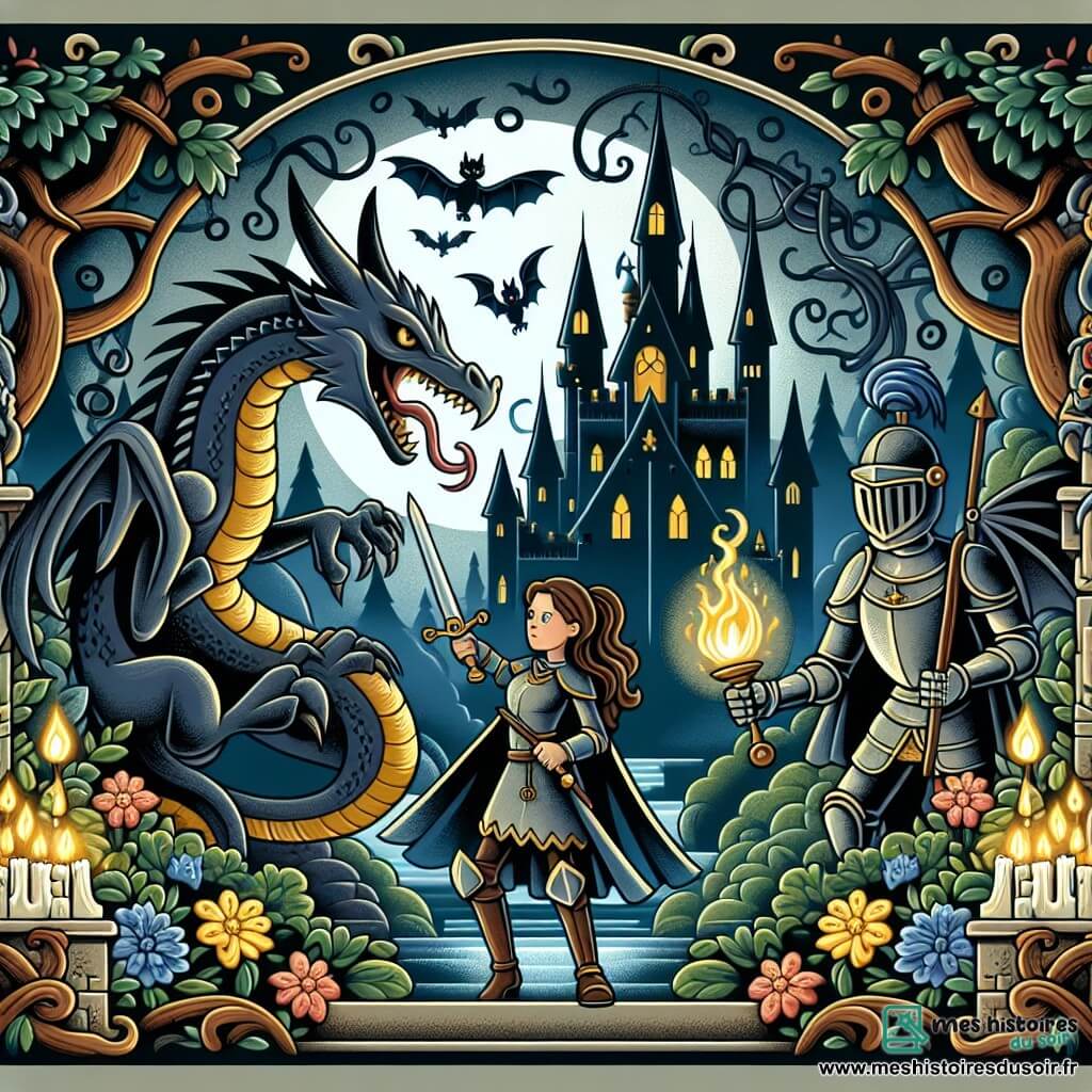 Une illustration destinée aux enfants représentant une chevalière courageuse affrontant un sorcier maléfique avec l'aide d'un dragon majestueux, dans un sombre château aux tours tordues et aux gargouilles menaçantes, perdu au cœur d'une forêt enchantée aux arbres centenaires et aux fleurs lumineuses.