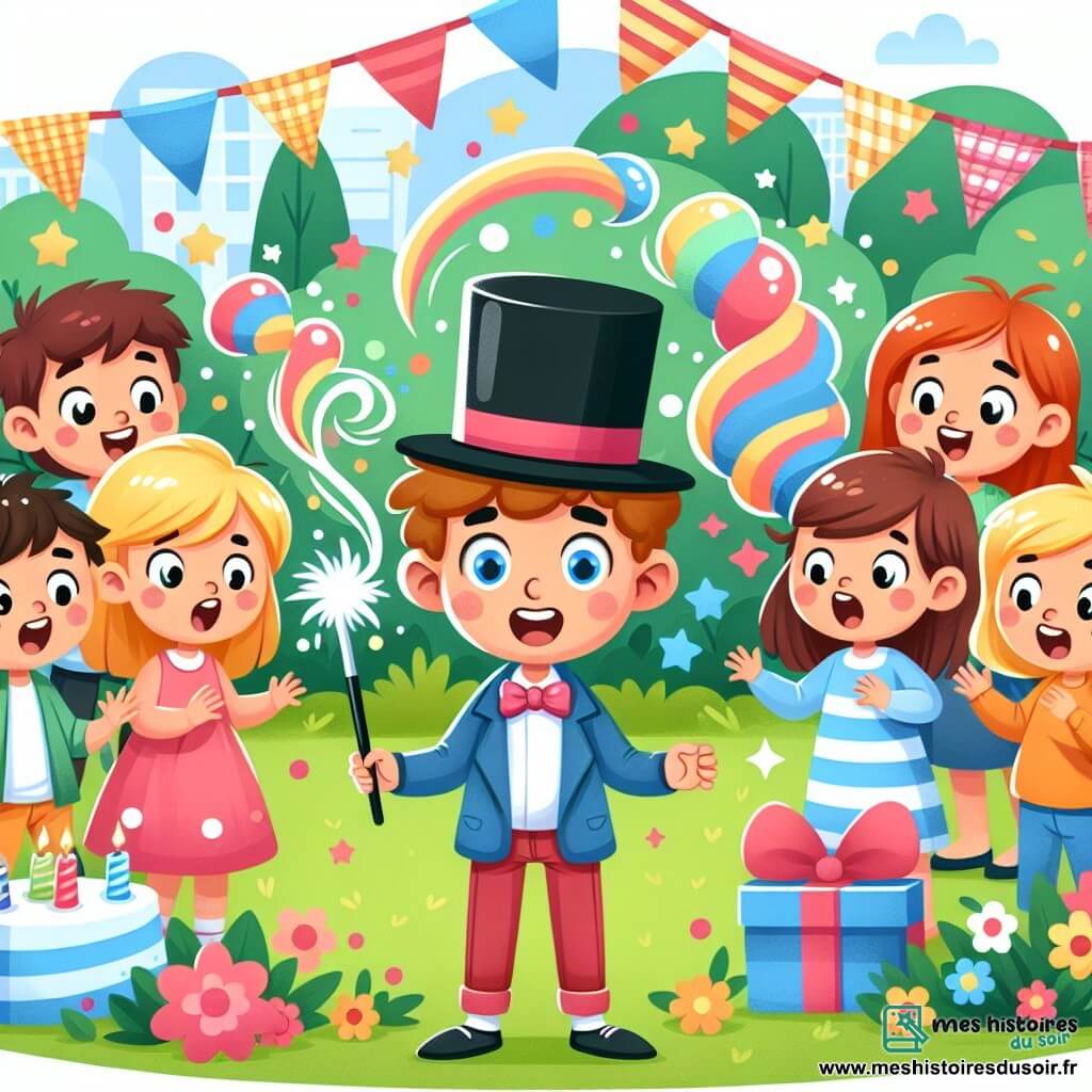 Une illustration destinée aux enfants représentant un petit garçon plein d'enthousiasme, entouré de ses amis et d'un magicien, dans un jardin coloré et festif où se déroule une fête d'anniversaire pleine de surprises.