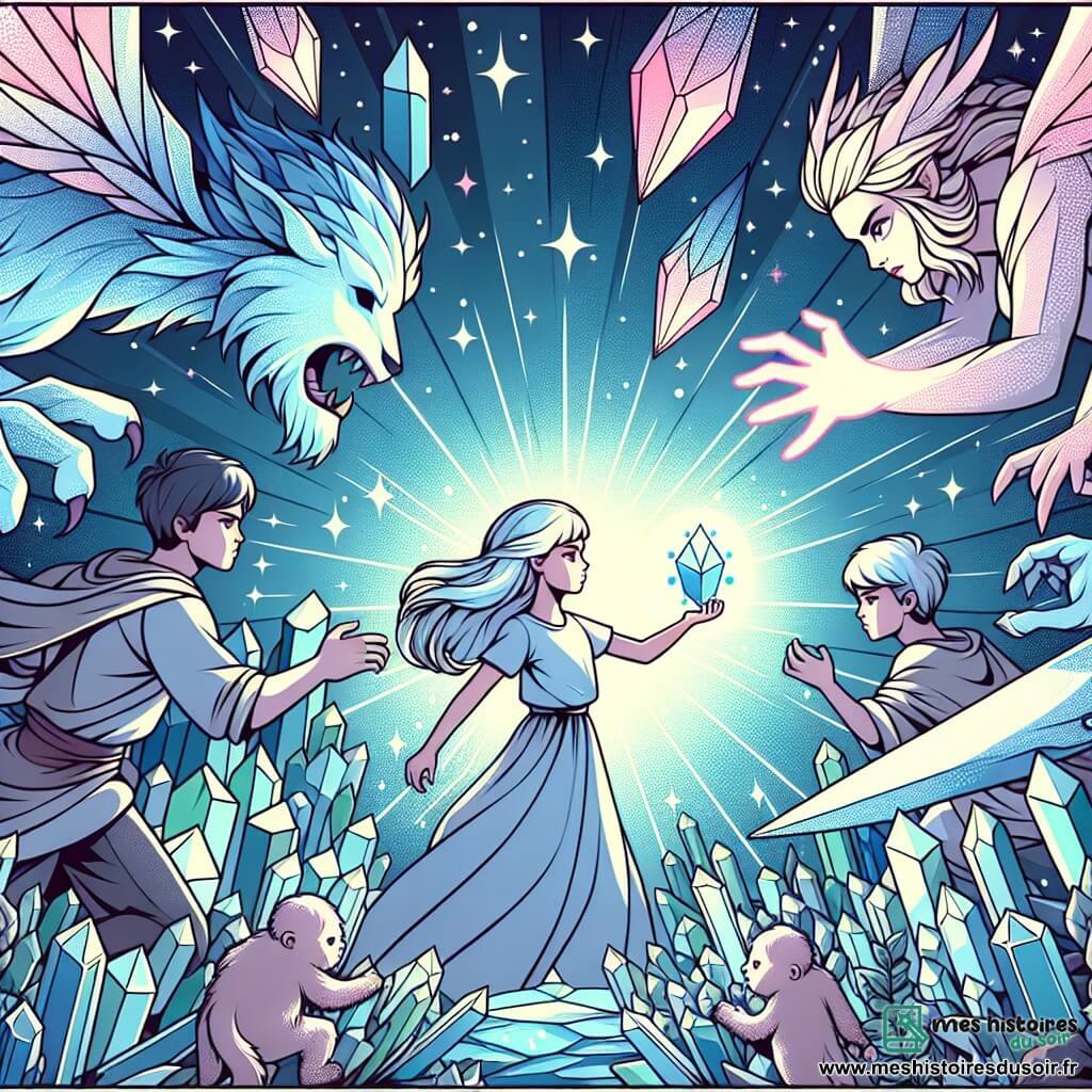 Une illustration destinée aux enfants représentant une jeune princesse au coeur d'un royaume de cristal, aidée par des créatures magiques, dans une lutte entre la lumière et les ténèbres.