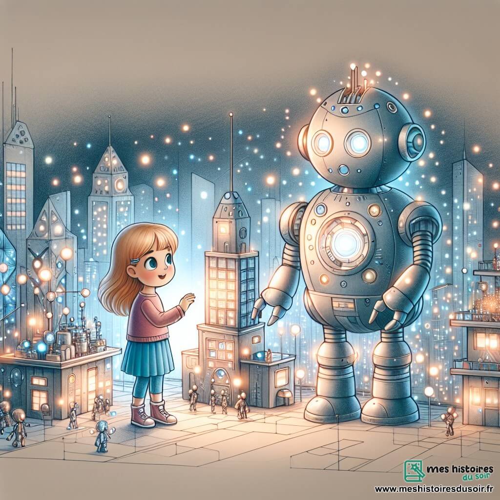 Une illustration destinée aux enfants représentant une fillette explorant une ville futuriste aux bâtiments brillants, accompagnée d'un robot lumineux, dans la ville d'Aurora.