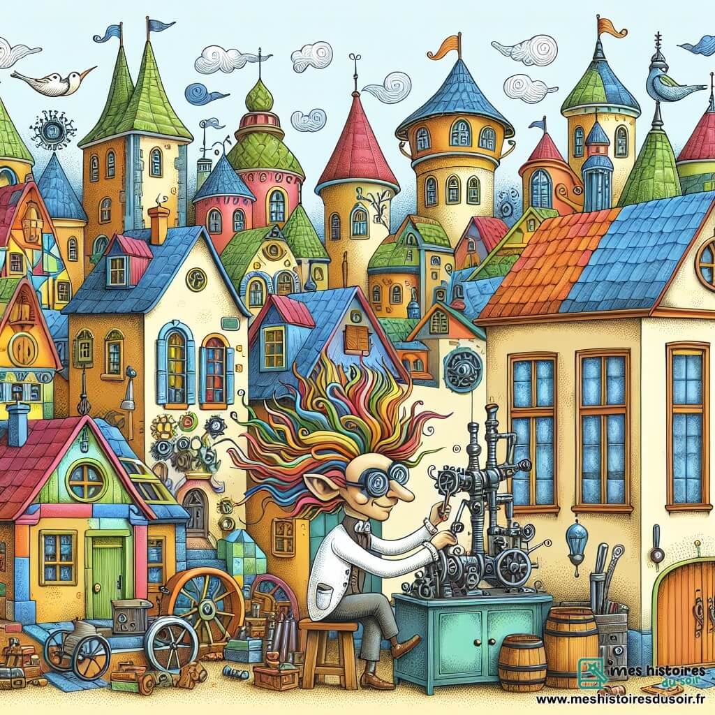 Une illustration destinée aux enfants représentant un inventeur farfelu à la chevelure en bataille, une machine délirante, une vieille sage et coloré village aux maisons aux façades vives et aux ruelles pavées.