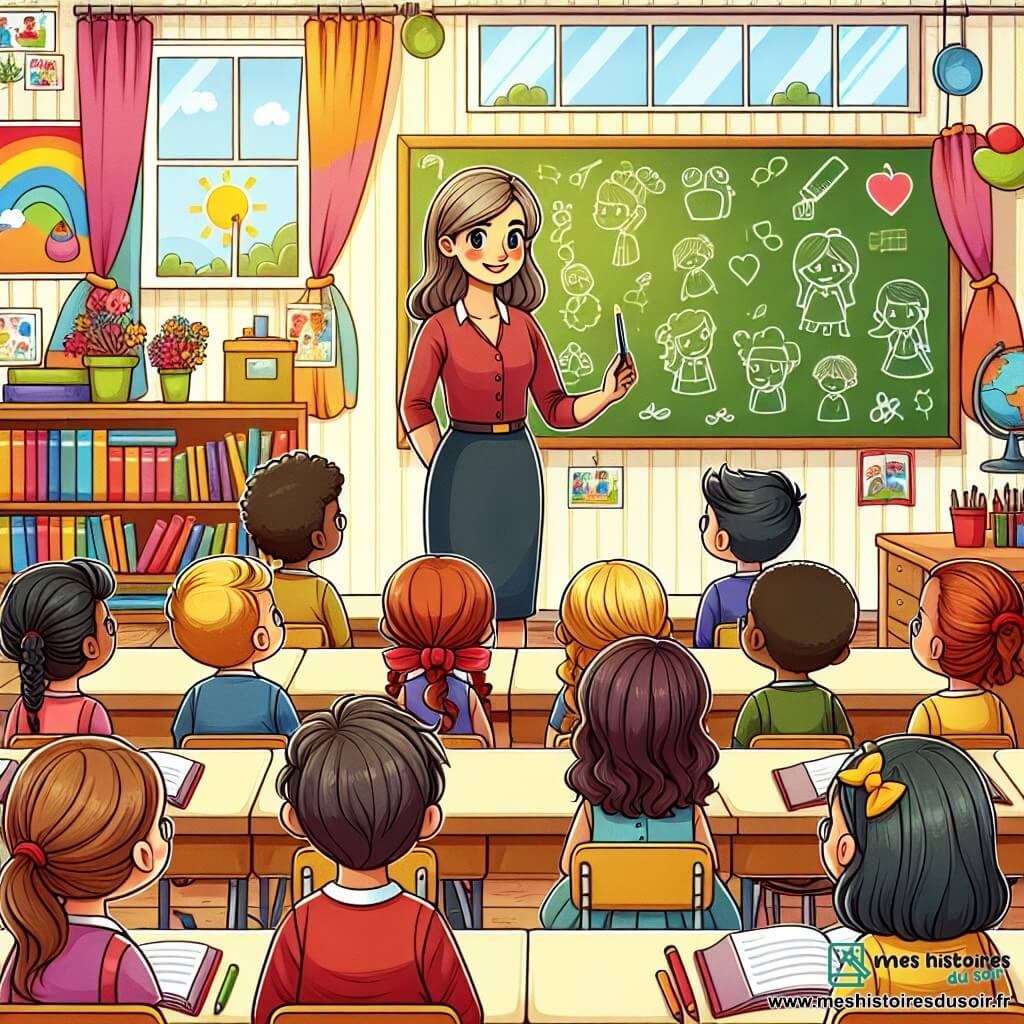 Une illustration destinée aux enfants représentant un instituteur bienveillant, entouré d'enfants attentifs, dans une salle de classe colorée et chaleureuse avec des étagères remplies de livres et des dessins accrochés aux murs, à Bellefontaine.