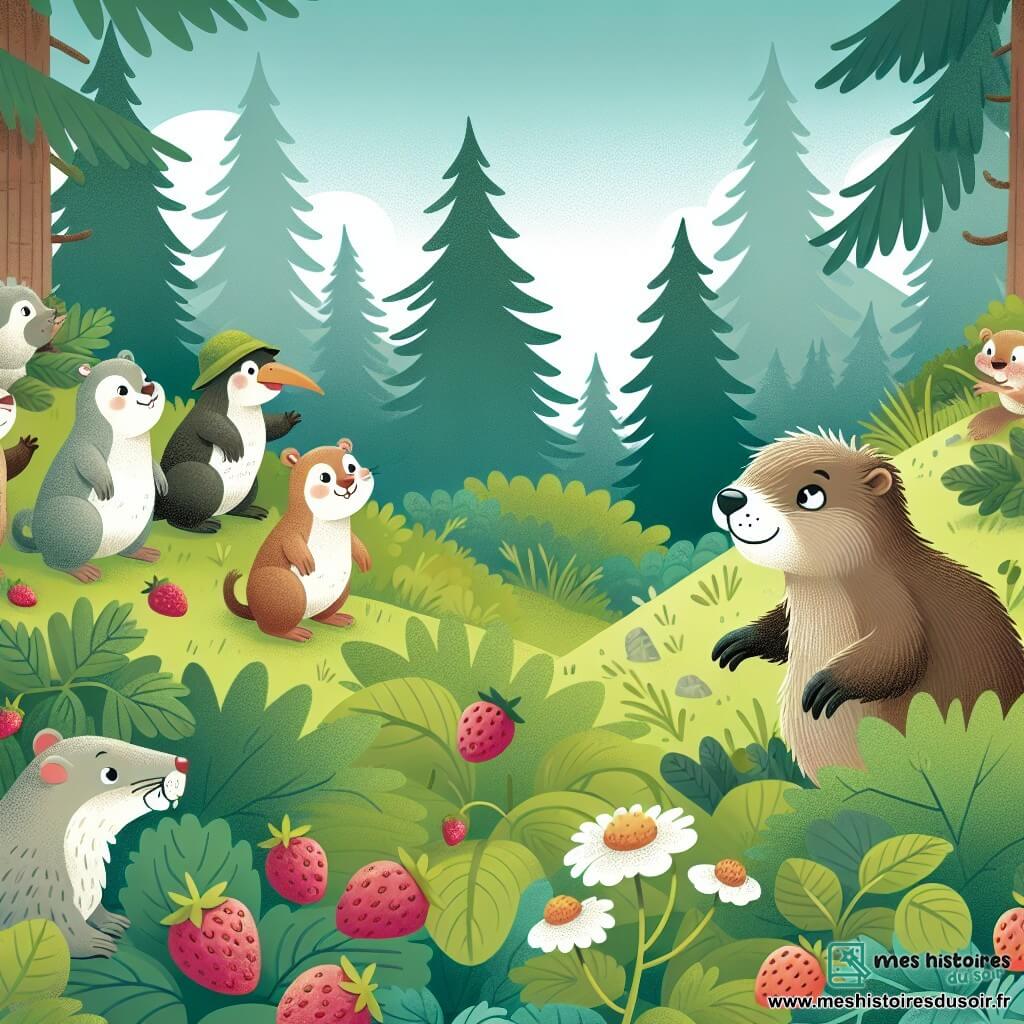 Une illustration destinée aux enfants représentant une marmotte curieuse se promenant dans une forêt verdoyante, accompagnée de ses amis animaux, à la recherche de fraises sauvages.