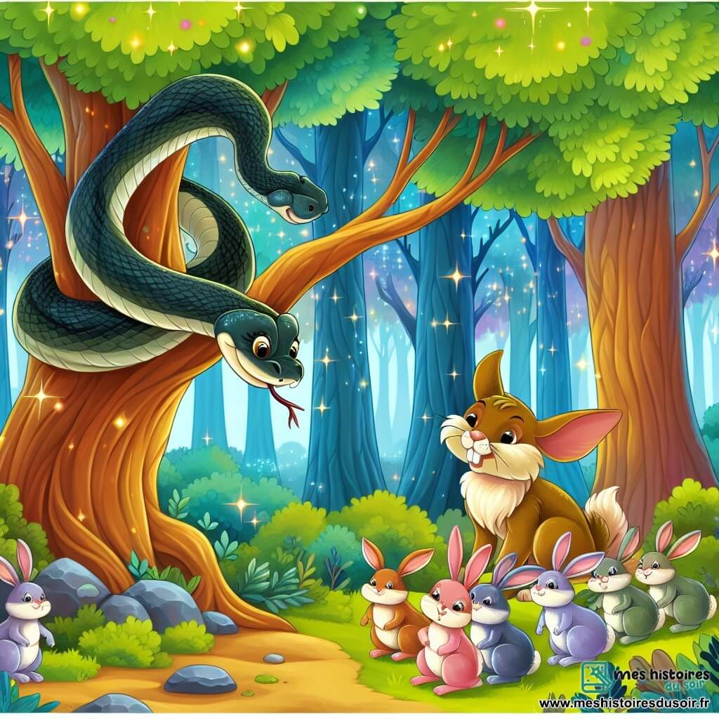 Une illustration destinée aux enfants représentant un serpent malicieux se cachant en se déguisant en branche d'arbre pour jouer un tour à une famille de lapins dans une forêt enchantée aux arbres majestueux et aux couleurs chatoyantes.