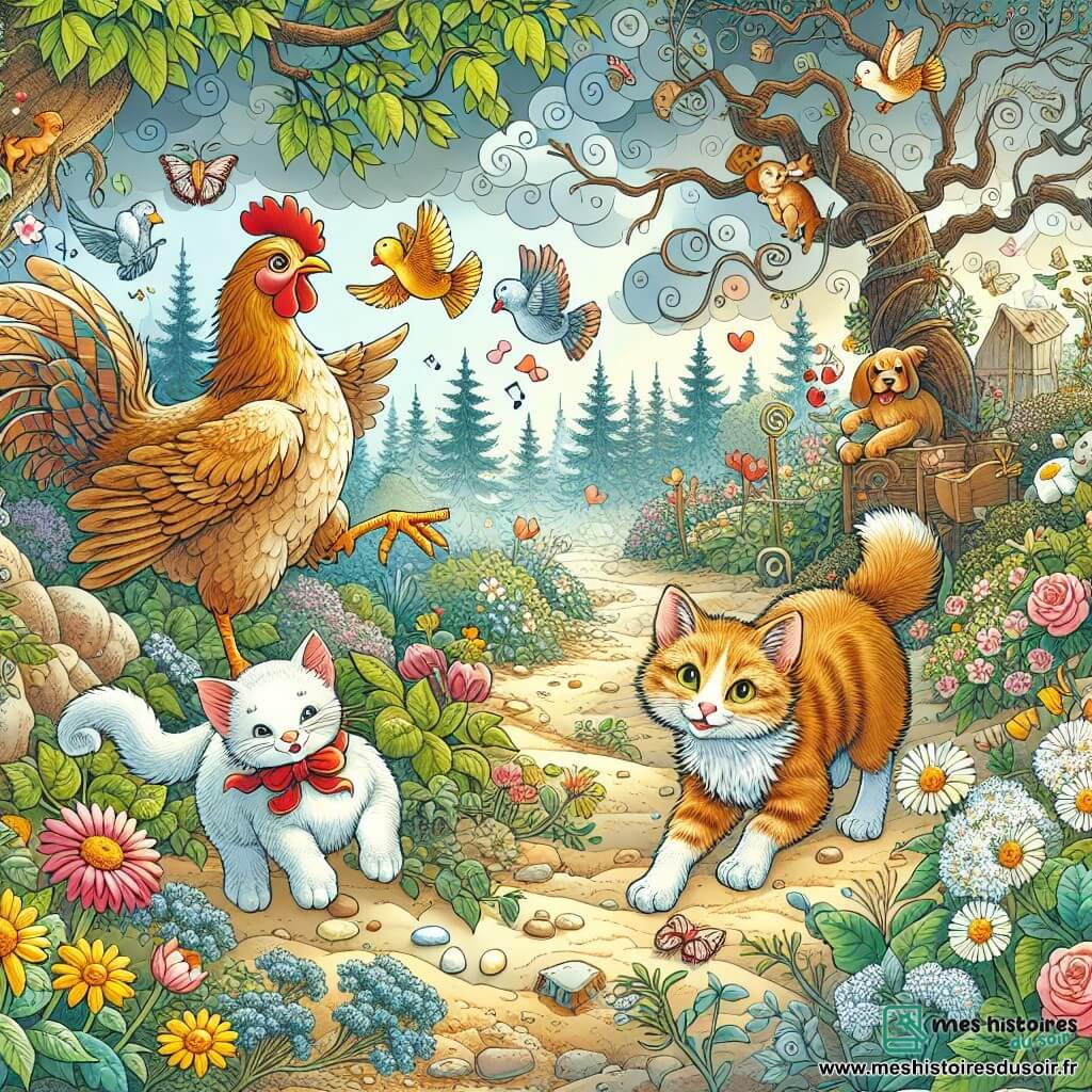 Une illustration destinée aux enfants représentant une poule aventureuse, une quête de trésor avec ses amis, un chaton malin et un chien fidèle, dans un jardin enchanté aux fleurs dansant au vent et aux arbres chuchotant des secrets, où les rêves des enfants prennent vie.