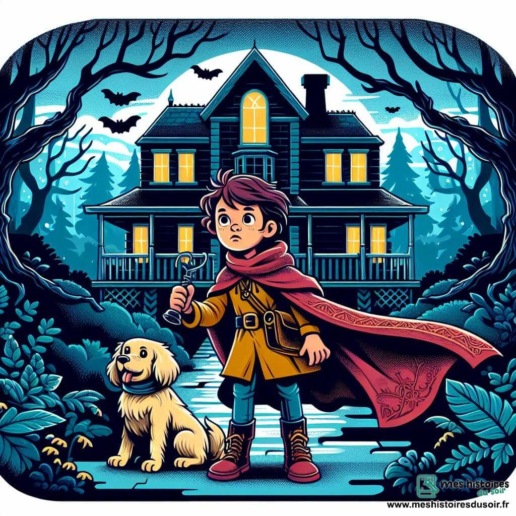 Une illustration destinée aux enfants représentant une jeune fille courageuse explorant un vieux manoir lugubre en compagnie de son chien loyal, dans une forêt sombre et mystérieuse.