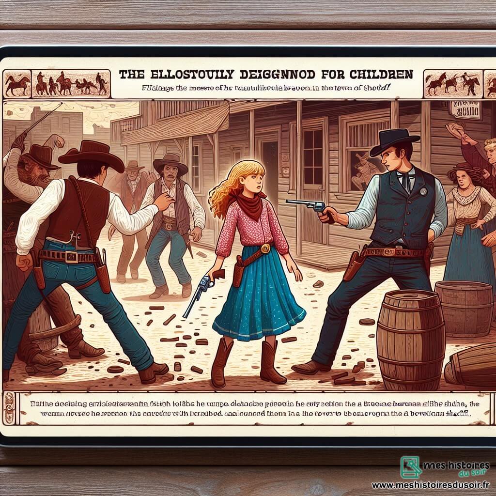 Une illustration destinée aux enfants représentant une jeune cow-girl courageuse se retrouvant au cœur d'une bagarre tumultueuse dans un saloon poussiéreux de la ville de Tombstone, en compagnie du shérif bienveillant.