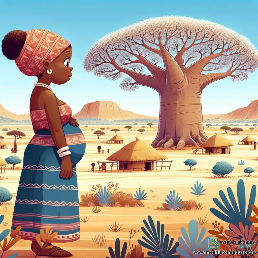 Une illustration destinée aux enfants représentant une sage femme africaine, au cœur d'une savane aride, écoutant les murmures d'un baobab gigantesque, symbole de la sagesse ancestrale, dans un village entouré de majestueux arbres centenaires.