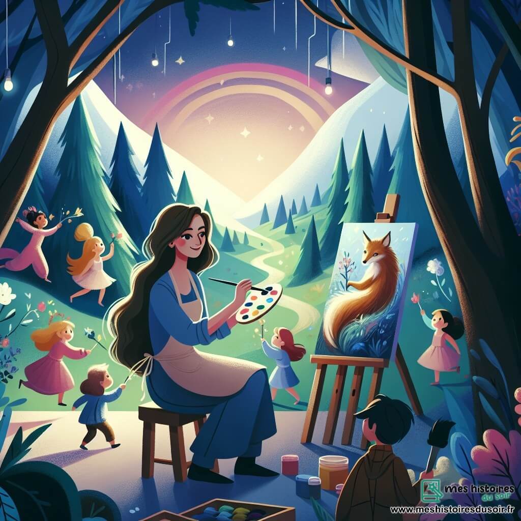 Une illustration destinée aux enfants représentant une artiste passionnée peignant des paysages magiques avec l'aide de jeunes enfants talentueux, dans un atelier caché au cœur de la forêt, où les couleurs brillent et les formes prennent vie.