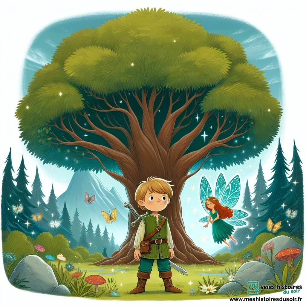 Une illustration destinée aux enfants représentant un jeune garçon courageux se tenant au pied d'un arbre majestueux dans une clairière enchantée, accompagné d'une fée aux ailes chatoyantes, située au cœur du village magique de Féerica.