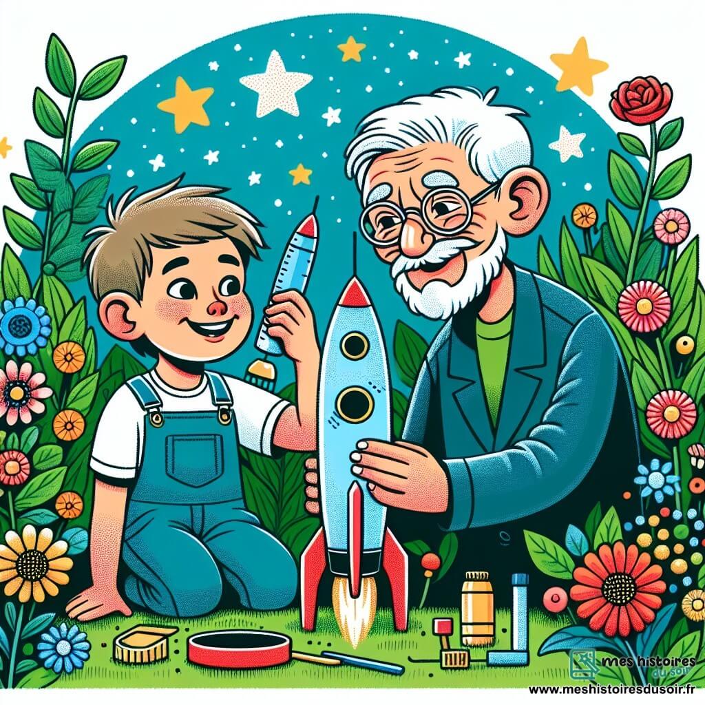 Une illustration destinée aux enfants représentant un jeune garçon passionné par les étoiles, aidé par un sympathique voisin retraité, construisant une fusée miniature dans un jardin verdoyant parsemé de fleurs multicolores.