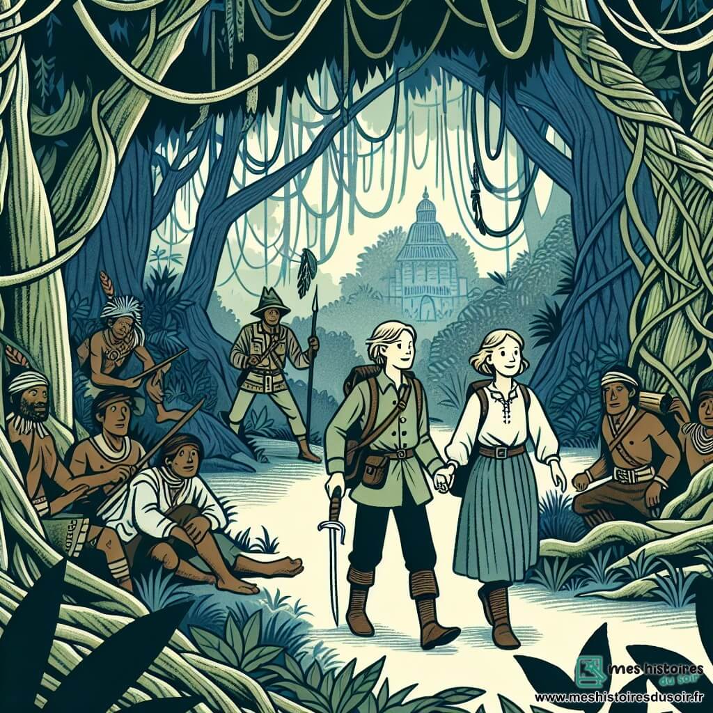 Une illustration destinée aux enfants représentant une jeune exploratrice courageuse se retrouvant confrontée à des brigands malveillants, accompagnée d'un guide autochtone bienveillant, dans une forêt dense et mystérieuse aux arbres centenaires et aux lianes entrelacées.