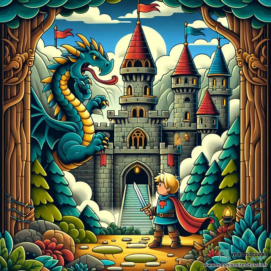 Une illustration destinée aux enfants représentant un jeune chevalier courageux affrontant des épreuves mystérieuses avec l'aide d'un dragon amical dans un château majestueux aux tours ornées de drapeaux colorés, entouré d'une forêt dense et mystique.