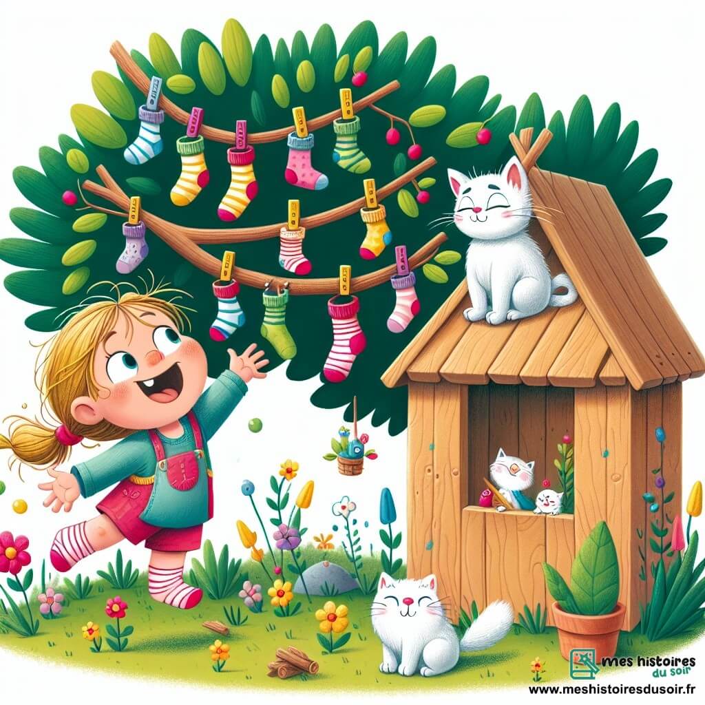 Une illustration destinée aux enfants représentant une fillette pleine d'énergie et d'imagination découvrant ses chaussettes suspendues aux branches d'un arbre miniature dans le jardin, accompagnée d'un chat blanc aux yeux malicieux, au milieu de fleurs colorées et d'herbes folles dans une cabane en bois décorée de petits lutins farceurs.