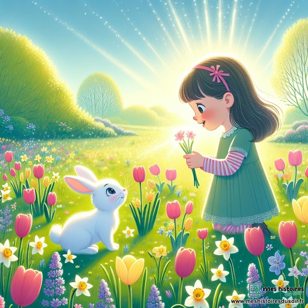 Une illustration destinée aux enfants représentant une fillette émerveillée par les premières fleurs du printemps, accompagnée d'un lapin blanc, dans un champ coloré de jonquilles et de tulipes, baigné par la lumière douce d'un matin ensoleillé.