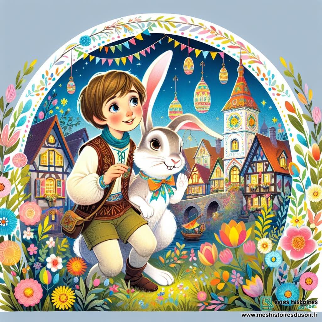 Une illustration destinée aux enfants représentant un jeune garçon curieux et espiègle vivant une aventure magique avec le Lapin de Pâques dans un village coloré décoré de guirlandes et de fleurs printanières.