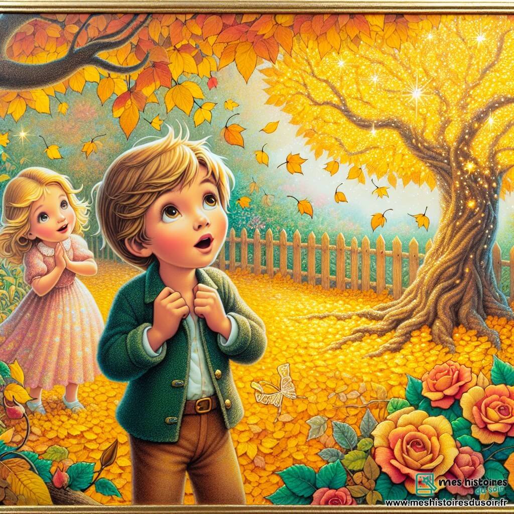Une illustration destinée aux enfants représentant un garçon émerveillé par les couleurs chatoyantes de l'automne, accompagné d'une amie fille, admirant un Arbre des Rêves aux feuilles dorées scintillantes, dans un jardin tapissé d'un tapis de feuilles craquantes aux teintes chaudes et chatoyantes.