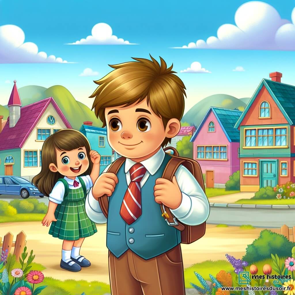 Une illustration destinée aux enfants représentant un garçon confiant se préparant pour son premier jour d'école après les vacances, accompagné de son amie espiègle, dans un village pittoresque aux maisons colorées et aux jardins fleuris.
