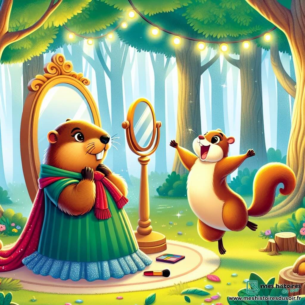 Une illustration destinée aux enfants représentant une marmotte coquette se préparant devant son miroir dans une clairière enchantée, accompagnée d'un écureuil dansant joyeusement, au cœur d'une forêt verdoyante et lumineuse.