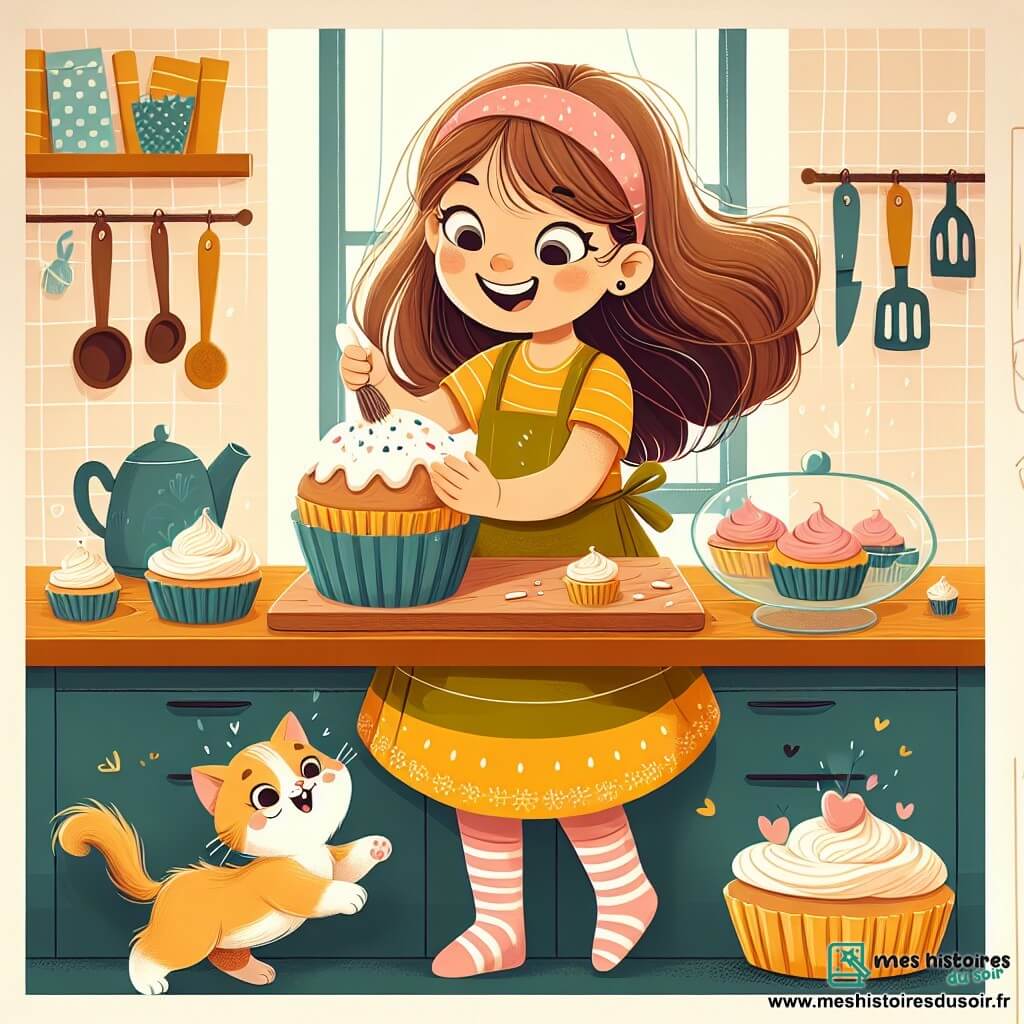 Une illustration destinée aux enfants représentant une fillette pleine d'énergie préparant une surprise pour la fête des pères, avec son chaton malicieux, dans une cuisine chaleureuse remplie de délicieuses odeurs sucrées.