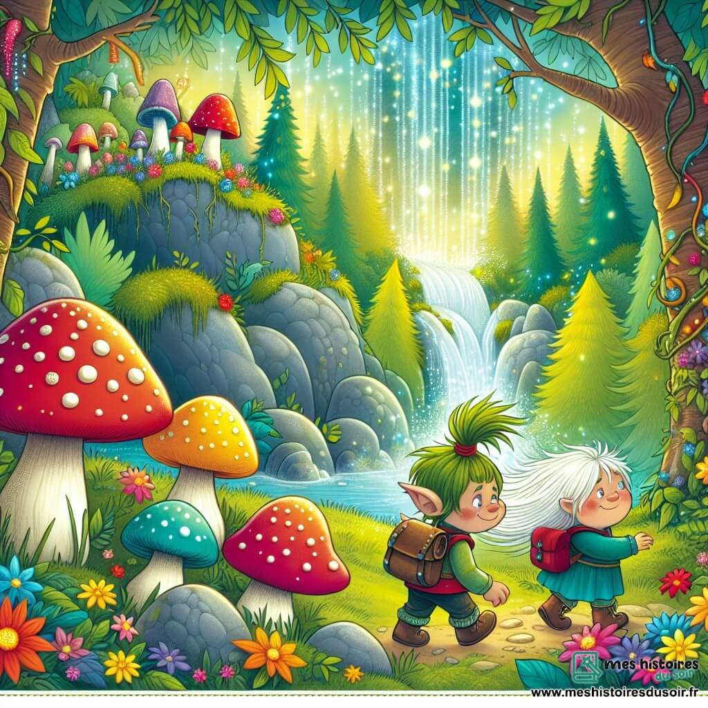 Une illustration destinée aux enfants représentant un jeune troll garçon perdu dans une forêt enchantée, accompagné d'une petite fille humaine, évoluant dans un royaume magique rempli de champignons géants, de fleurs multicolores et de cascades scintillantes.