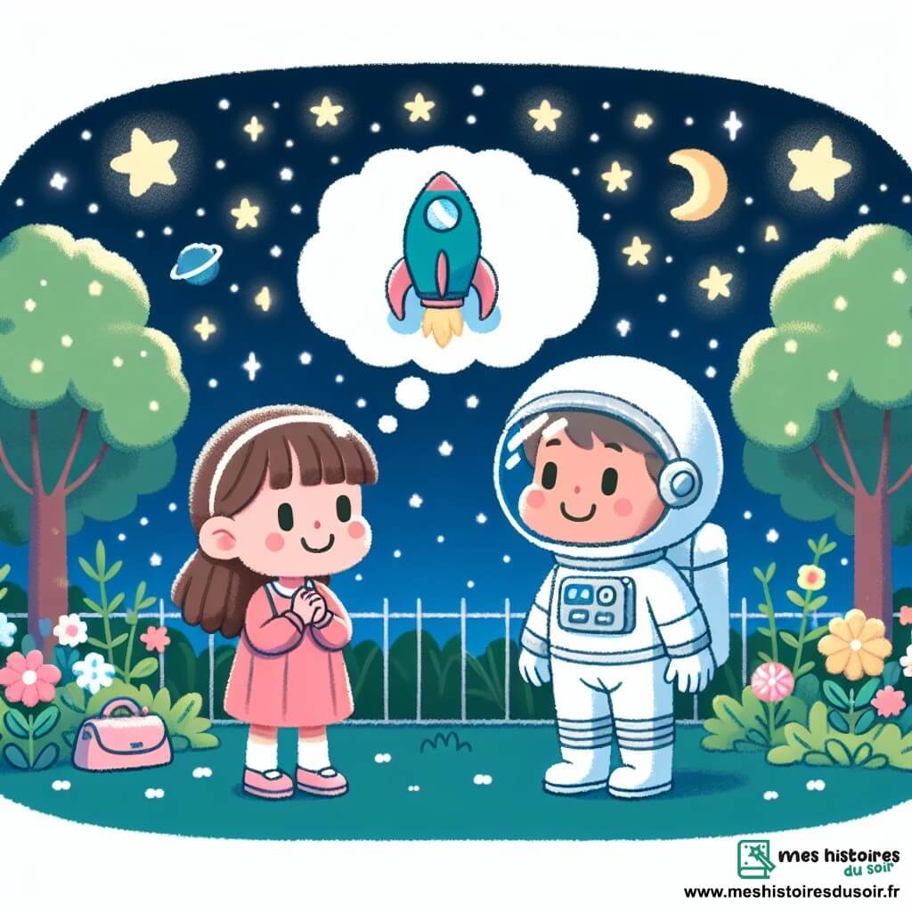 Une illustration destinée aux enfants représentant une jeune fille rêvant de devenir astronaute, accompagnée par un astronaute bienveillant, dans un jardin illuminé par les étoiles scintillantes de la nuit.